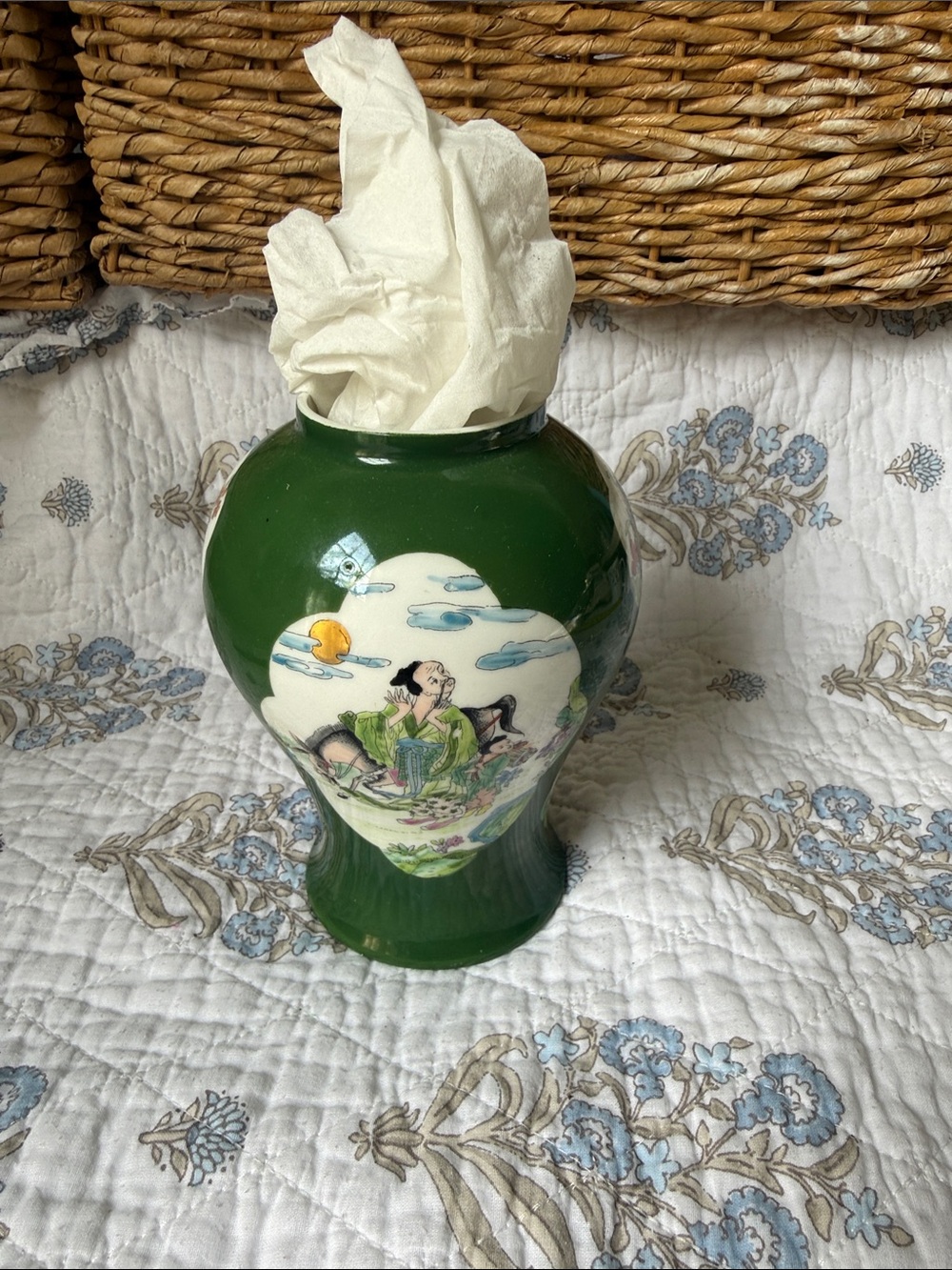 Green Porcelain Decorative Vase with Scenic Panel